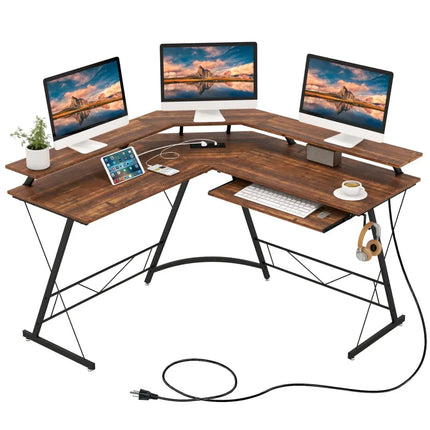 L-shaped Computer Desk with Power Outlet and Monitor Stand-Rustic Brown - Rustic Brown - L-Shaped Desks