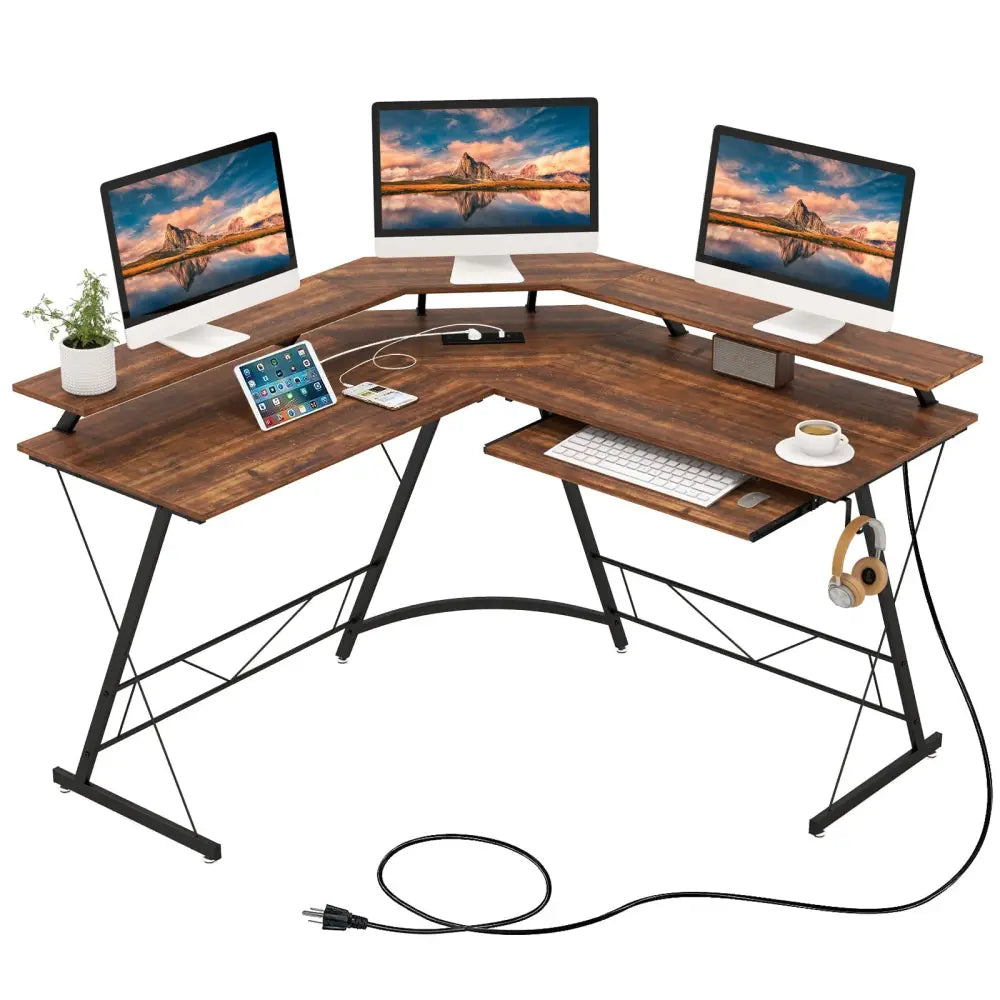L-shaped Computer Desk with Power Outlet and Monitor Stand-Rustic Brown - Rustic Brown - L-Shaped Desks