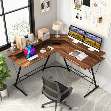 L-shaped Computer Desk with Power Outlet and Monitor Stand-Rustic Brown - Rustic Brown - L-Shaped Desks