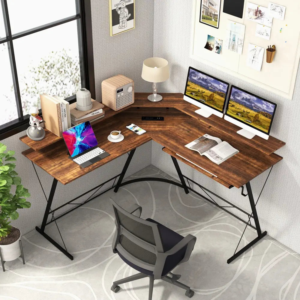 L-shaped Computer Desk with Power Outlet and Monitor Stand-Rustic Brown - Rustic Brown - L-Shaped Desks