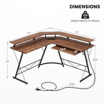L-shaped Computer Desk with Power Outlet and Monitor Stand-Rustic Brown - Rustic Brown - L-Shaped Desks