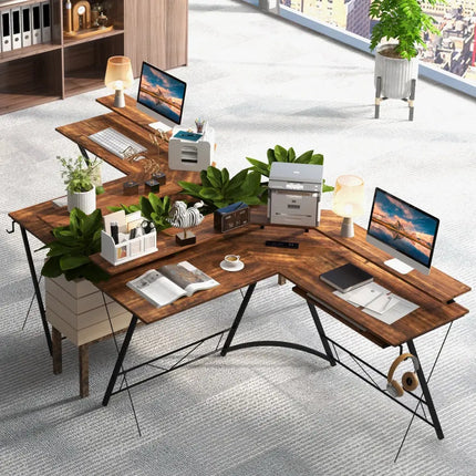 L-shaped Computer Desk with Power Outlet and Monitor Stand-Rustic Brown - Rustic Brown - L-Shaped Desks