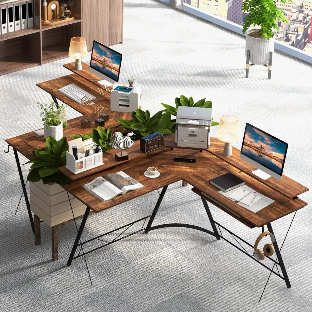 L-shaped Computer Desk with Power Outlet and Monitor Stand-Rustic Brown - Rustic Brown - L-Shaped Desks