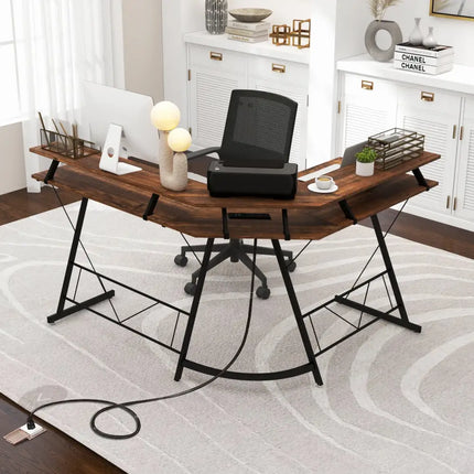 L-shaped Computer Desk with Power Outlet and Monitor Stand-Rustic Brown - Rustic Brown - L-Shaped Desks