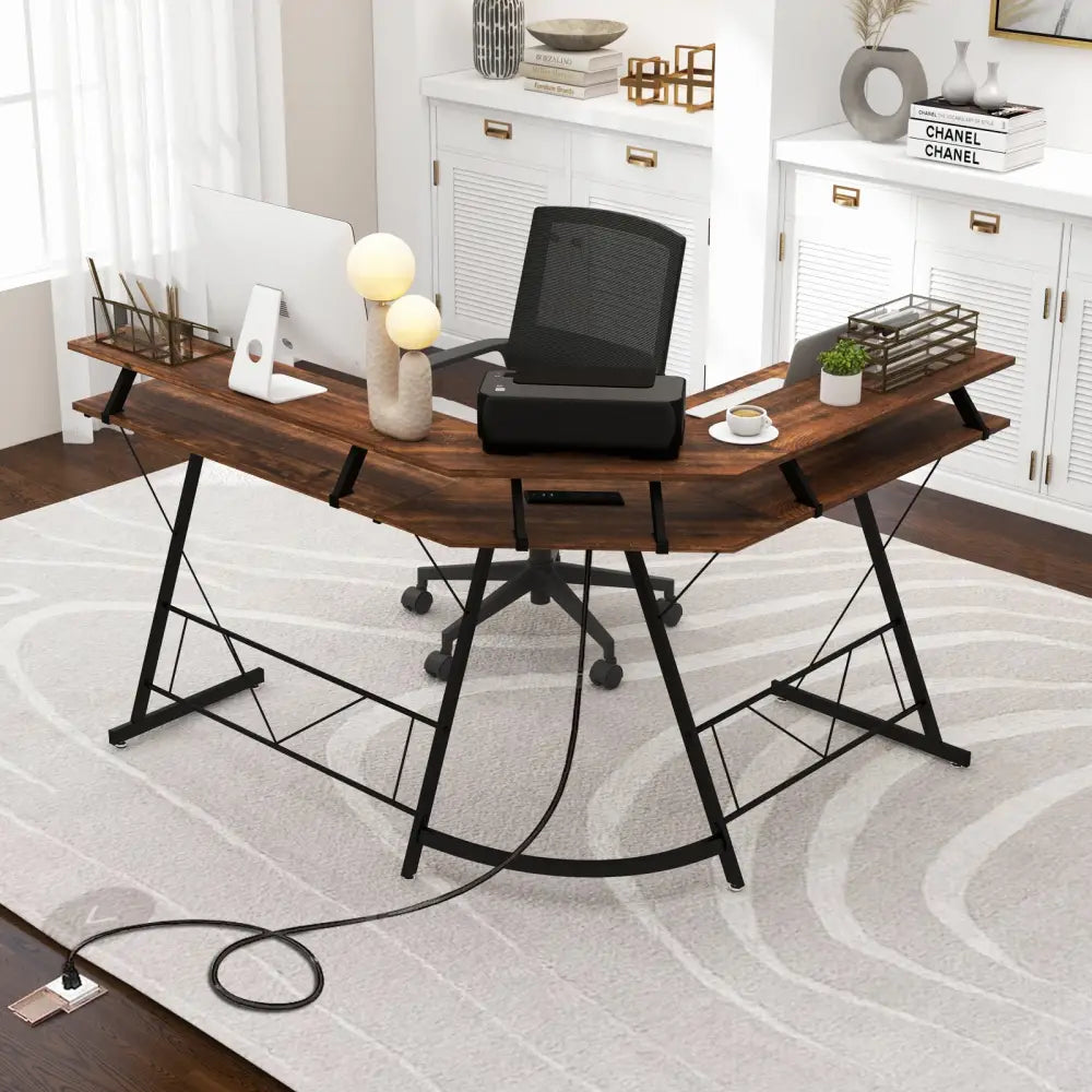 L-shaped Computer Desk with Power Outlet and Monitor Stand-Rustic Brown - Rustic Brown - L-Shaped Desks
