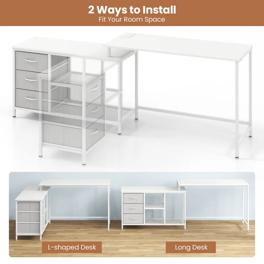 L-shaped Computer Desk with Power Outlet for Working Studying Gaming-White - White - L-Shaped Desks