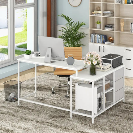 L-shaped Computer Desk with Power Outlet for Working Studying Gaming-White - White - L-Shaped Desks