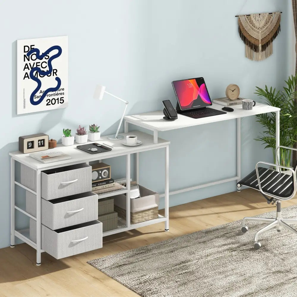 L-shaped Computer Desk with Power Outlet for Working Studying Gaming-White - White - L-Shaped Desks