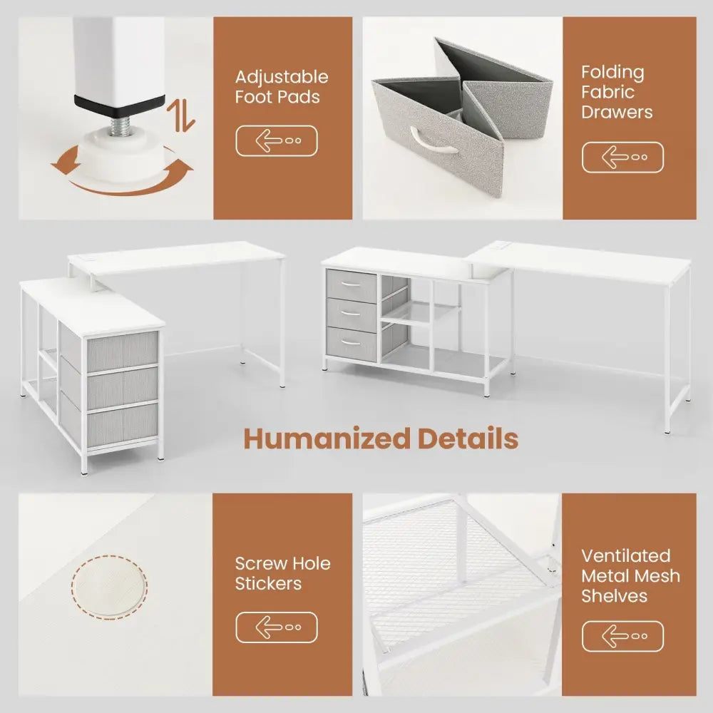 L-shaped Computer Desk with Power Outlet for Working Studying Gaming-White - White - L-Shaped Desks