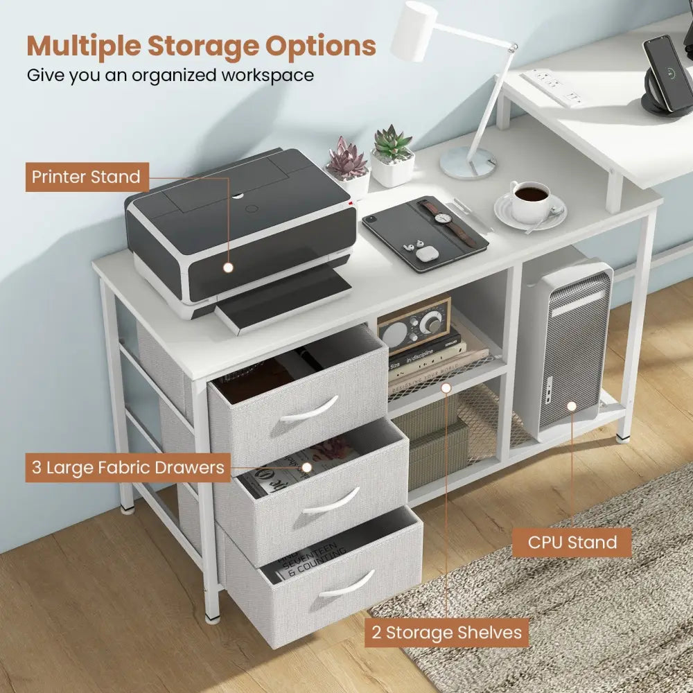 L-shaped Computer Desk with Power Outlet for Working Studying Gaming-White - White - L-Shaped Desks