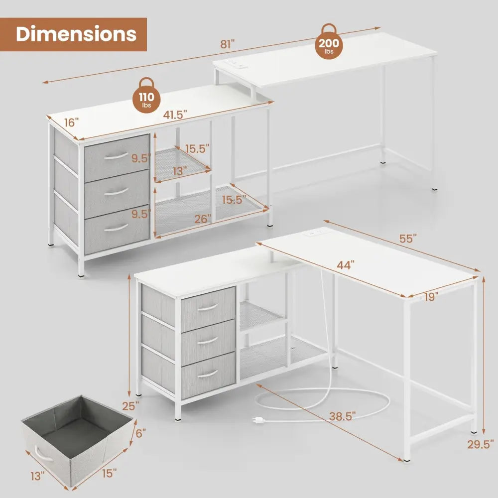L-shaped Computer Desk with Power Outlet for Working Studying Gaming-White - White - L-Shaped Desks