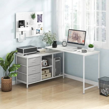 L-shaped Computer Desk with Power Outlet for Working Studying Gaming-White - White - L-Shaped Desks