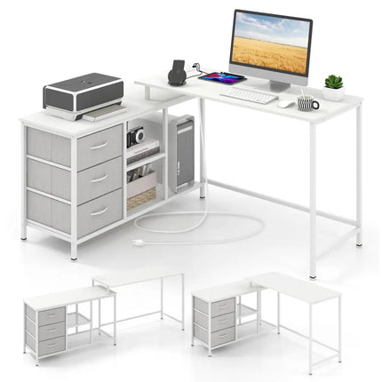 L-shaped Computer Desk with Power Outlet for Working Studying Gaming-White - White - L-Shaped Desks