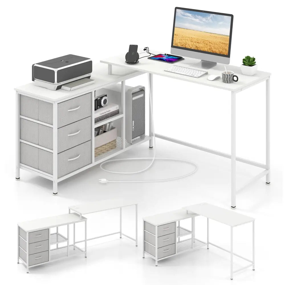 L-shaped Computer Desk with Power Outlet for Working Studying Gaming-White - White - L-Shaped Desks