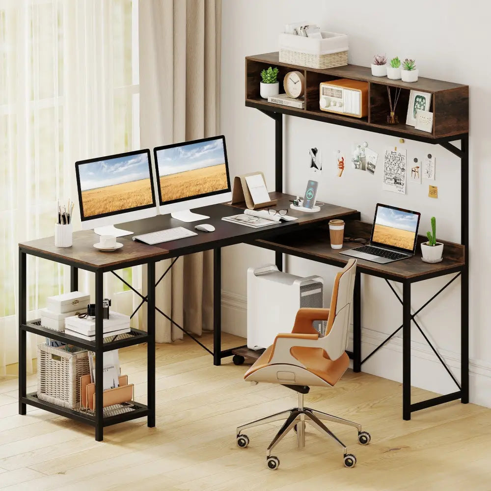 L-Shaped Computer Desk with Power Outlets 62 Inches Corner Desk with Storage Hutch-Brown - Brown - L-Shaped Desks