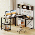 L-Shaped Computer Desk with Power Outlets 62 Inches Corner Desk with Storage Hutch-Brown - Brown - L-Shaped Desks