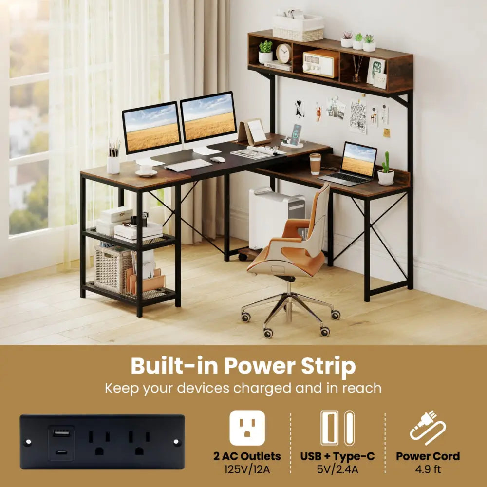 L-Shaped Computer Desk with Power Outlets 62 Inches Corner Desk with Storage Hutch-Brown - Brown - L-Shaped Desks