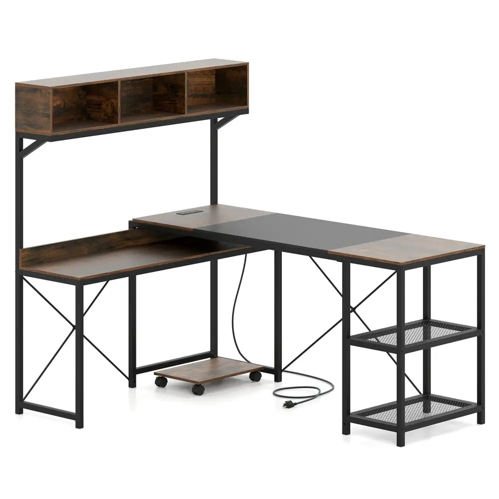 L-Shaped Computer Desk with Power Outlets 62 Inches Corner Desk with Storage Hutch-Brown - Brown - L-Shaped Desks