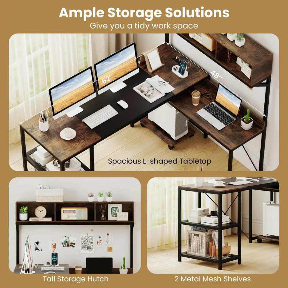 L-Shaped Computer Desk with Power Outlets 62 Inches Corner Desk with Storage Hutch-Brown - Brown - L-Shaped Desks