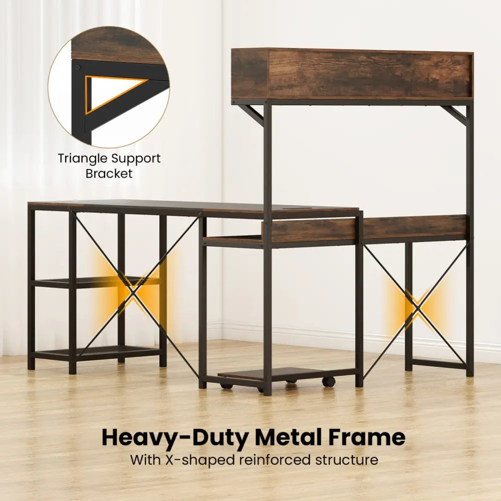 L-Shaped Computer Desk with Power Outlets 62 Inches Corner Desk with Storage Hutch-Brown - Brown - L-Shaped Desks
