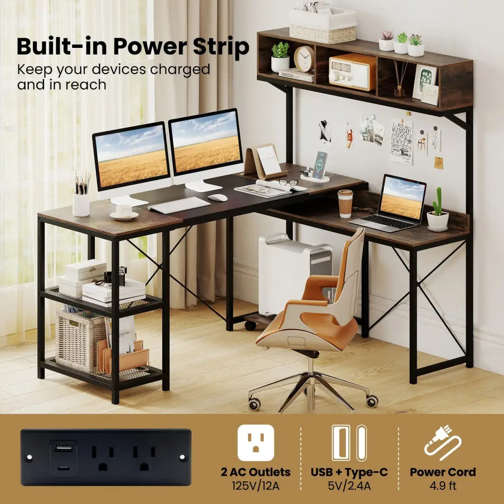L-Shaped Computer Desk with Power Outlets 62 Inches Corner Desk with Storage Hutch-Brown - Brown - L-Shaped Desks