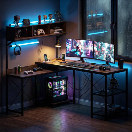 L-Shaped Computer Desk with Power Outlets 62 Inches Corner Desk with Storage Hutch-Brown - Brown - L-Shaped Desks