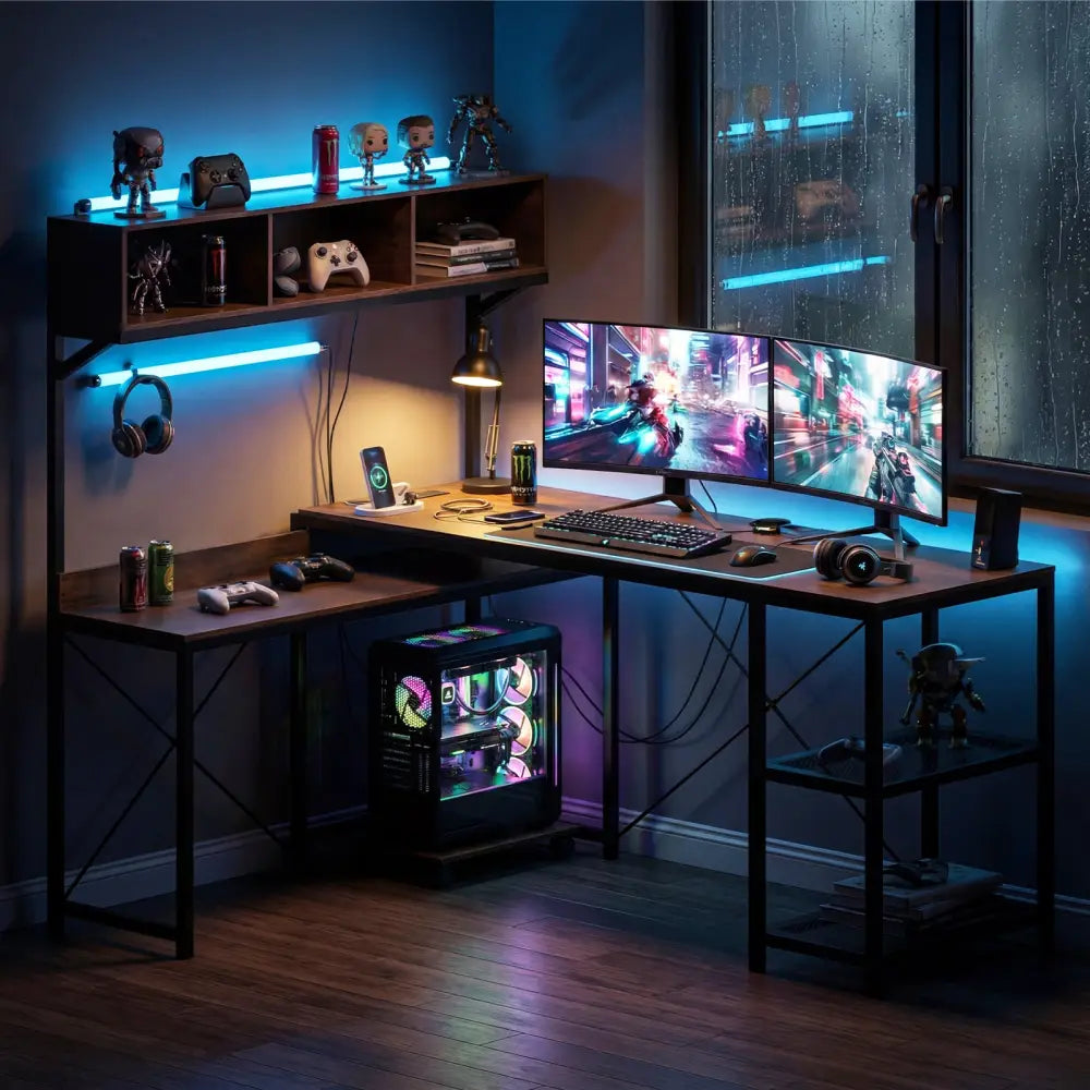L-Shaped Computer Desk with Power Outlets 62 Inches Corner Desk with Storage Hutch-Brown - Brown - L-Shaped Desks