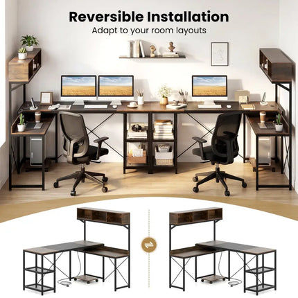 L-Shaped Computer Desk with Power Outlets 62 Inches Corner Desk with Storage Hutch-Brown - Brown - L-Shaped Desks