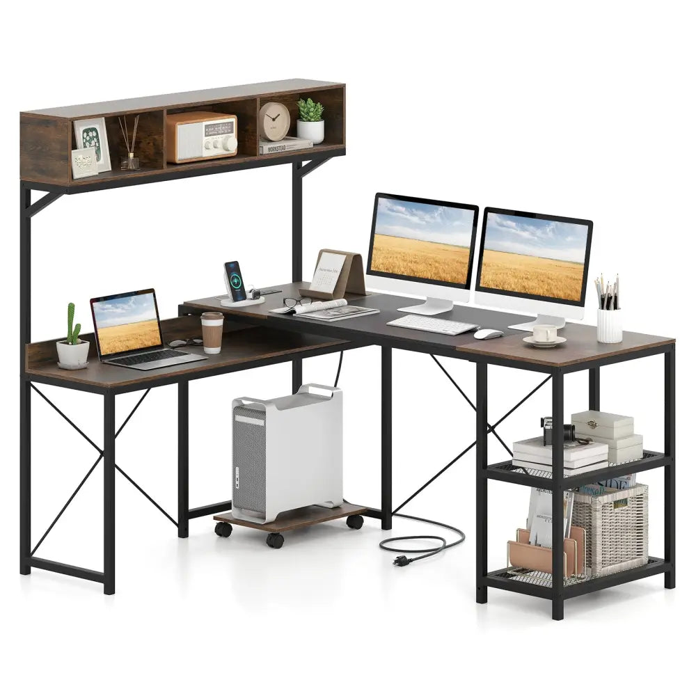 L-Shaped Computer Desk with Power Outlets 62 Inches Corner Desk with Storage Hutch-Brown - Brown - L-Shaped Desks