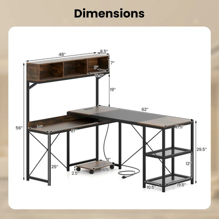 L-Shaped Computer Desk with Power Outlets 62 Inches Corner Desk with Storage Hutch-Brown - Brown - L-Shaped Desks