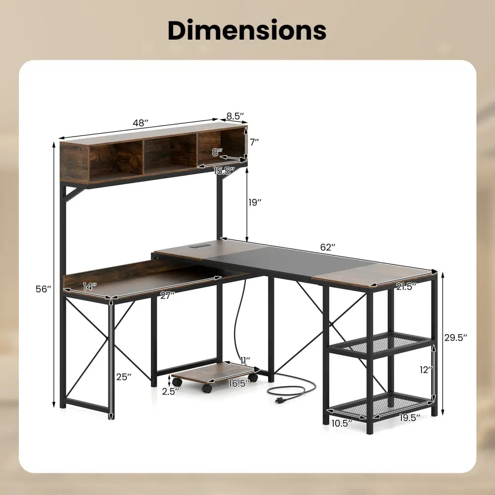L-Shaped Computer Desk with Power Outlets 62 Inches Corner Desk with Storage Hutch-Brown - Brown - L-Shaped Desks
