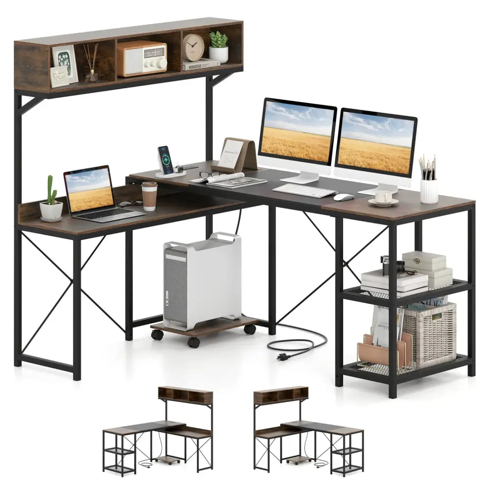 L-Shaped Computer Desk with Power Outlets 62 Inches Corner Desk with Storage Hutch-Brown - Brown - L-Shaped Desks