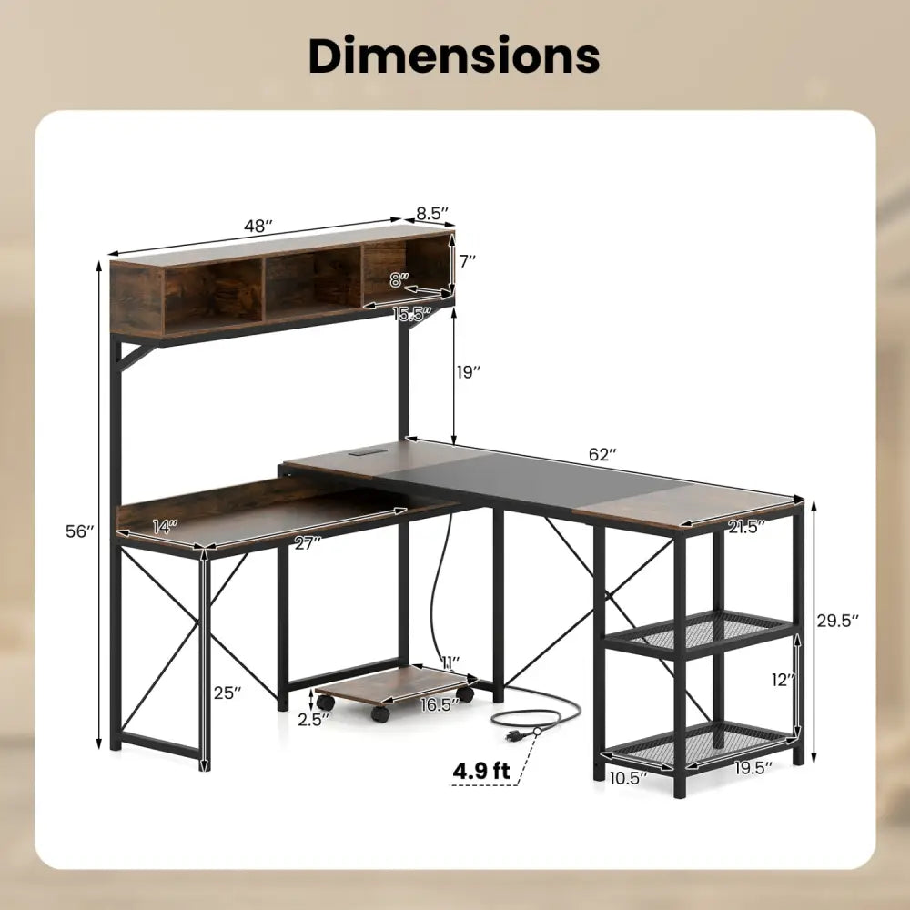 L-Shaped Computer Desk with Power Outlets 62 Inches Corner Desk with Storage Hutch-Brown - Brown - L-Shaped Desks