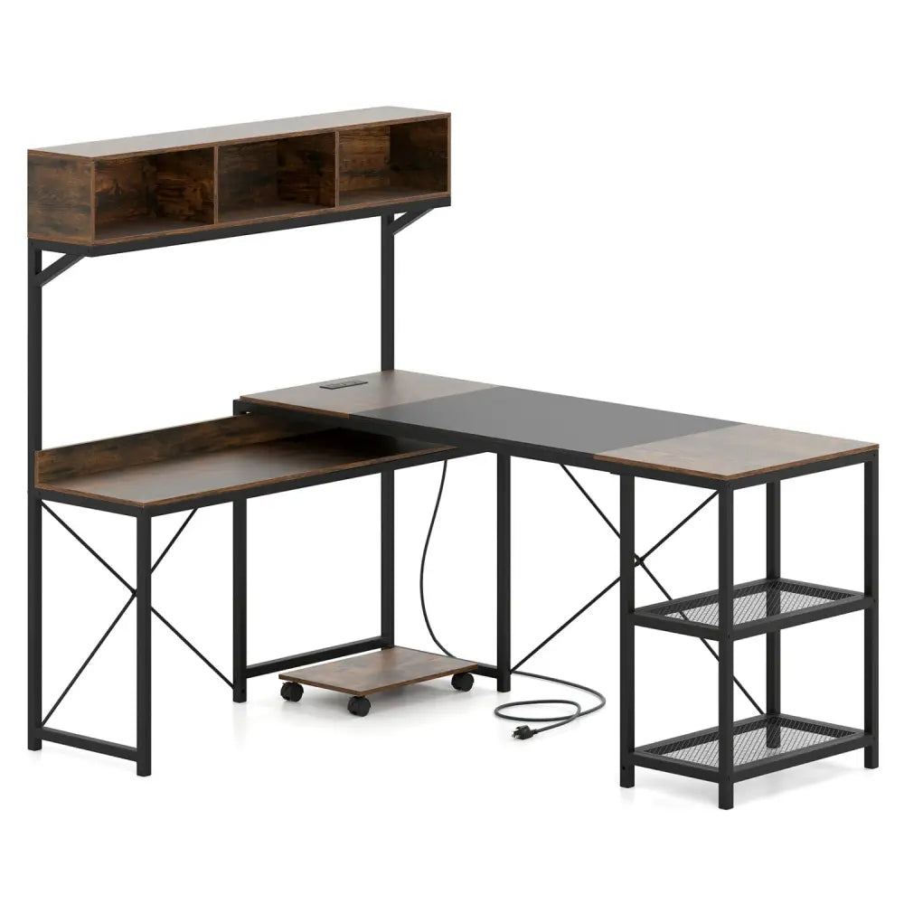 L-Shaped Computer Desk with Power Outlets 62 Inches Corner Desk with Storage Hutch-Brown - Brown - L-Shaped Desks