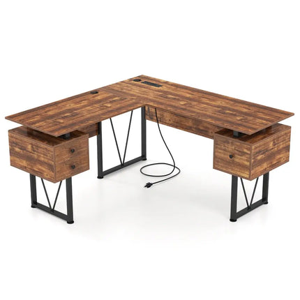 L-shaped Computer Desk with Power Outlets and 3 Storage Drawers-Rustic Brown - Rustic Brown - Computer Desks