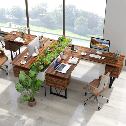 L-shaped Computer Desk with Power Outlets and 3 Storage Drawers-Rustic Brown - Rustic Brown - Computer Desks
