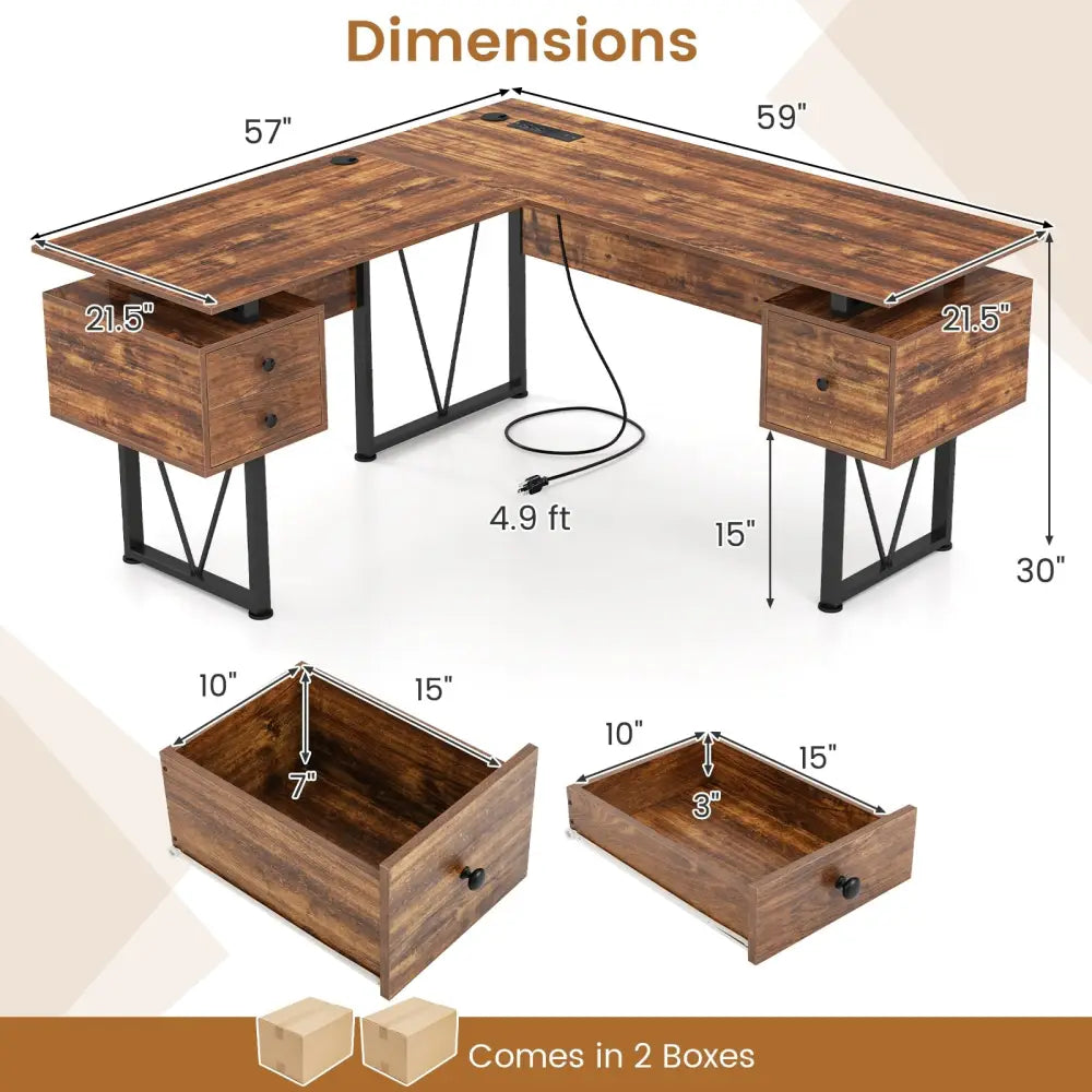 L-shaped Computer Desk with Power Outlets and 3 Storage Drawers-Rustic Brown - Rustic Brown - Computer Desks