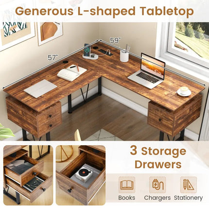 L-shaped Computer Desk with Power Outlets and 3 Storage Drawers-Rustic Brown - Rustic Brown - Computer Desks