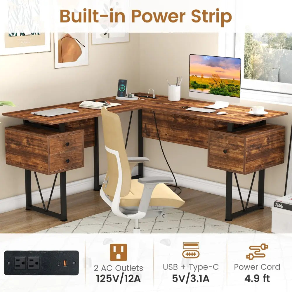 L-shaped Computer Desk with Power Outlets and 3 Storage Drawers-Rustic Brown - Rustic Brown - Computer Desks