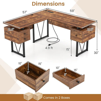 L-shaped Computer Desk with Power Outlets and 3 Storage Drawers-Rustic Brown - Rustic Brown - Computer Desks