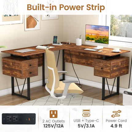 L-shaped Computer Desk with Power Outlets and 3 Storage Drawers-Rustic Brown - Rustic Brown - Computer Desks