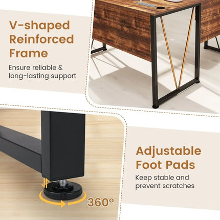 L-shaped Computer Desk with Power Outlets and 3 Storage Drawers-Rustic Brown - Rustic Brown - Computer Desks