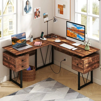 L-shaped Computer Desk with Power Outlets and 3 Storage Drawers-Rustic Brown - Rustic Brown - Computer Desks