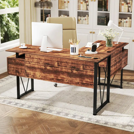 L-shaped Computer Desk with Power Outlets and 3 Storage Drawers-Rustic Brown - Rustic Brown - Computer Desks