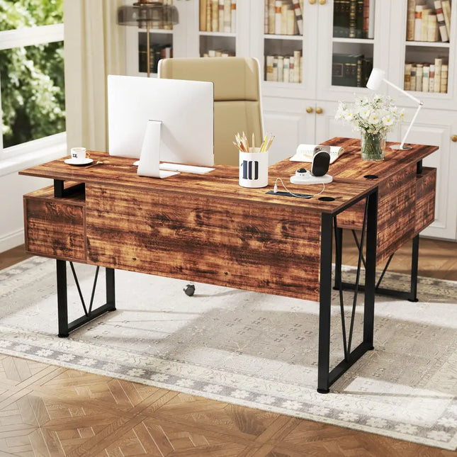 L-shaped Computer Desk with Power Outlets and 3 Storage Drawers-Rustic Brown - Rustic Brown - Computer Desks