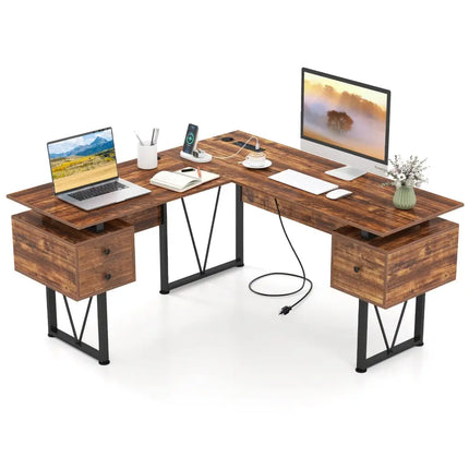 L-shaped Computer Desk with Power Outlets and 3 Storage Drawers-Rustic Brown - Rustic Brown - Computer Desks