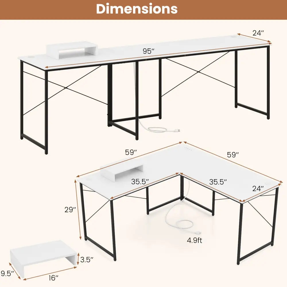 L-Shaped Computer Desk with Power Outlets and Monitor Shelf-White - White - L-Shaped Desks