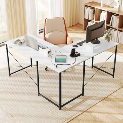 L-Shaped Computer Desk with Power Outlets and Monitor Shelf-White - White - L-Shaped Desks