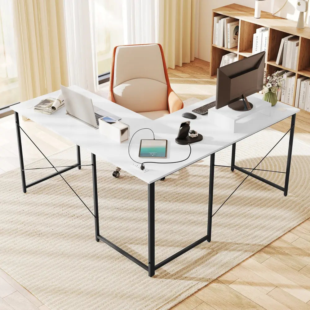 L-Shaped Computer Desk with Power Outlets and Monitor Shelf-White - White - L-Shaped Desks