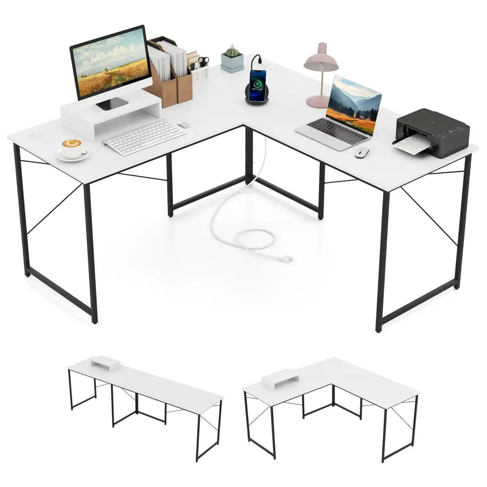L-Shaped Computer Desk with Power Outlets and Monitor Shelf-White - White - L-Shaped Desks